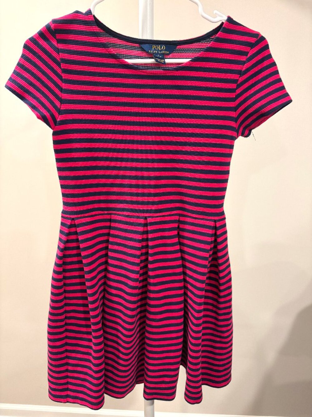 Polo Ralph Lauren Girls Pleated Fit Flare Dress L 12 14 Pink Navy Blue Striped